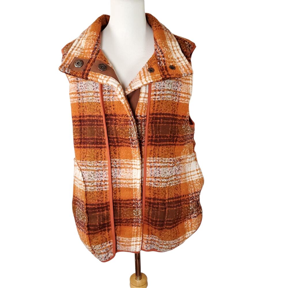 Free People Wrapped Up Blanket Vest Rust Orange Plaid Oversized Gilet Sz S
